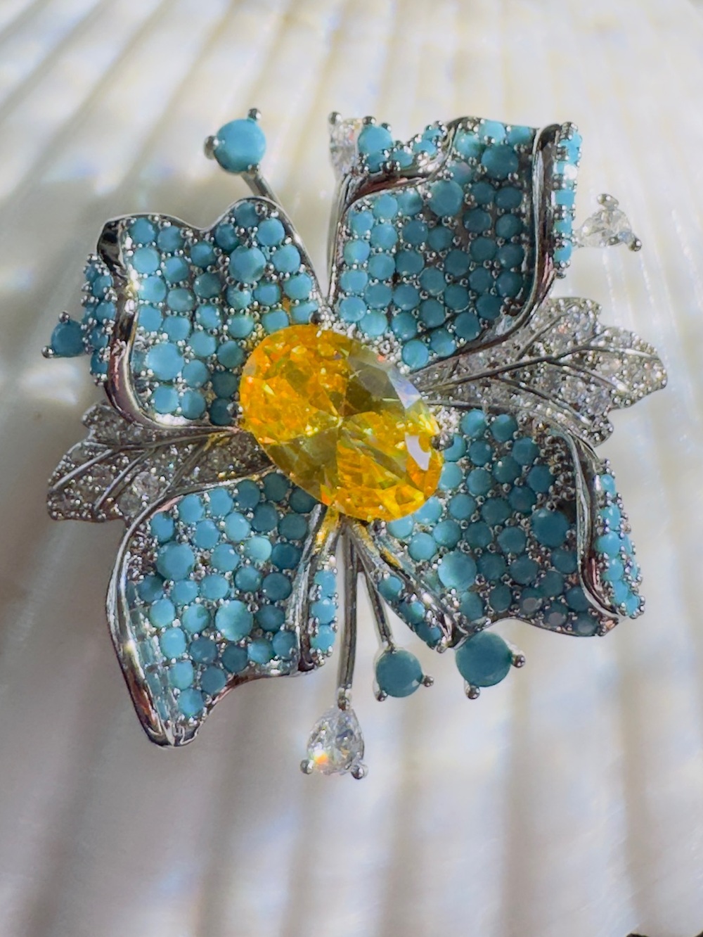 Man-Made Turquoise Floral Magnetic Brooch with Yellow CZ